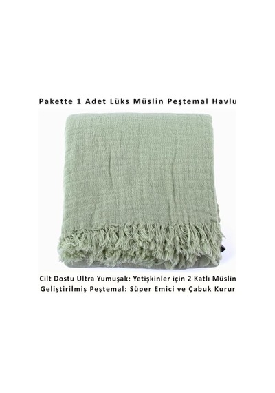 Püskül Lüks Müslin Plaj Havlusu Peştemal, Sage Yeşil, 90x180 Cm, 1-adet Açık Bej