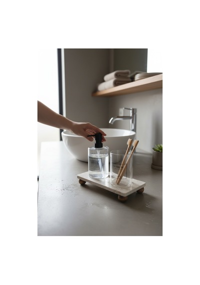 Akayev Traverten 23x12 Cm Ahşap Boncuk Ayaklı Yağdanlık Ve Sıvı Sabunluk Standı Ekru