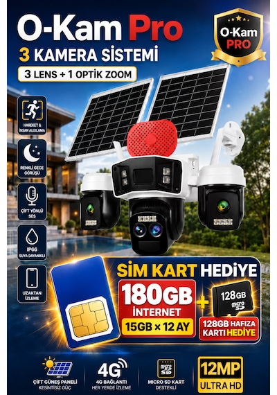 O-kam 4075 12mp 10x Zoom 4 Lens 3 Ekran 4g Solar Kamera 180gb İnternet 128gb Hafıza Kartı