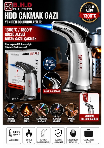 Bhd Çakmak Gazı Yeniden Doldurulabilir 1300 Derece Çıkış Bütan Gaz Kamp Çakmağı Gri