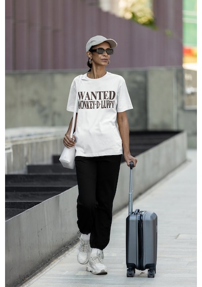 Wanted Monkey D. Luffy Sırt Baskılı Unisex Oversize One Piece Ani Beyaz