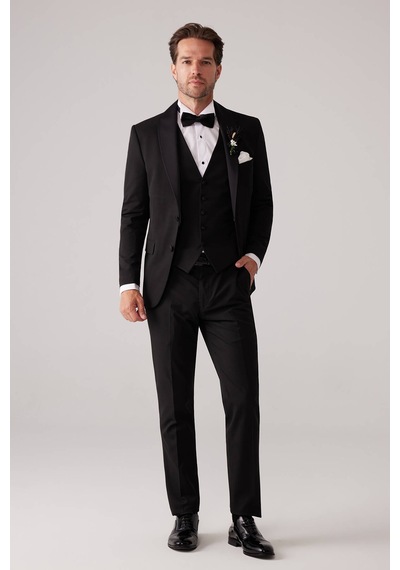 Ysf Erkek Siyah Mono Yaka Slim Fit Yelekli Damatlık