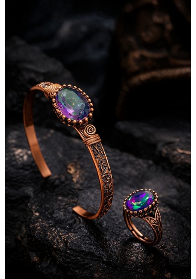 Kadın Bakır Bileklik Yüzük Set Mistik Topaz Oval Model Taşlı Kelepçe Bilezik Diğer