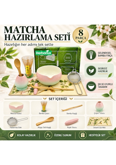 Herbarius 8 Parça Pastel Pembe Mint Geçişli Parlak Beyaz Renk Matcha Çayı Hazırlama Seti - Geleneksel Japon Matcha Seti Pastel Pembe Mint Geçişli Beyaz