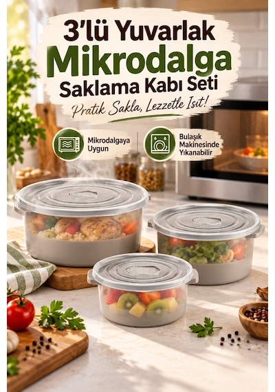 3 Lü Yuvarlak Mikrodalga Saklama Kabı Seti