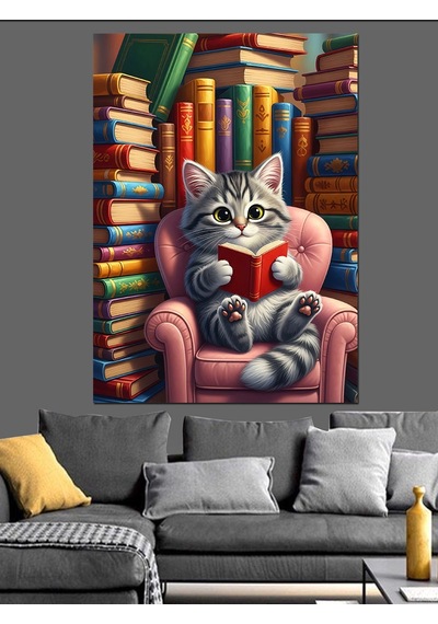 Ahşap Tablo Kütüphanede Kitap Okuyan Kedi