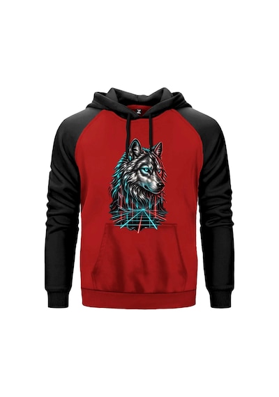 Neon Bozkurt Kırmızı Renk Reglan Kol Sweatshirt Kapşonlu