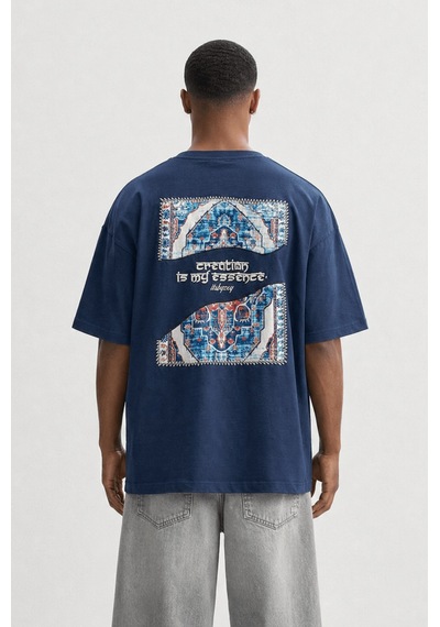 Respire Erkek Itsbyzey Nakış Detaylı Oversize T-shirt Lacivert