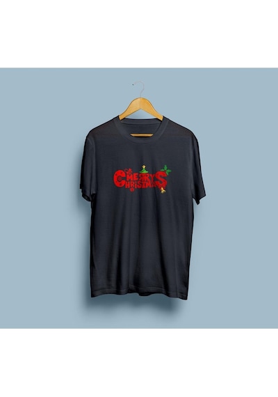 Oversize Merry Christmas Yazısı Tasarım Unisex T-shirt Siyah