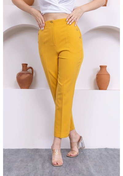 Lodmela Düğme Detaylı Beli Lastikli Bilek Boy Pantolon 351-sarı Sarı