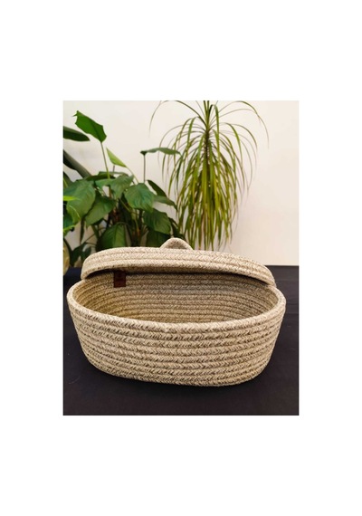 Hasır Jüt Sepet Oval Kapaklı Organizer Düzenleyici 30x20x10 Cm Taş Taş