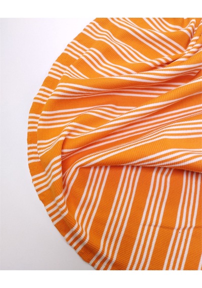 Turuncu Renkte Enine Çizgili İnce Yumuşak Esnek Kaşkorse Örme Kumaş Elbiselik & Bluzluk En: 100cm-12595