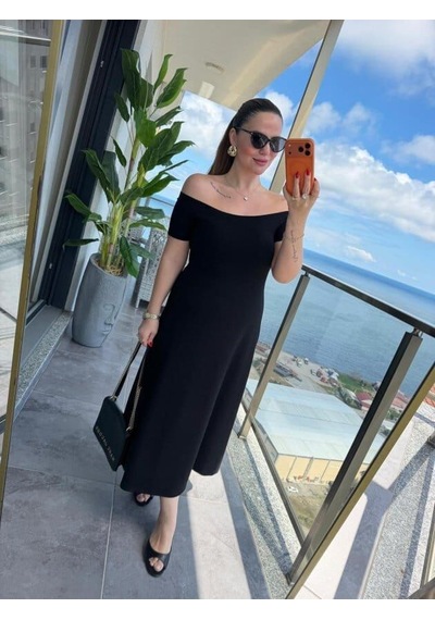 Meridefashion Kadın Elbise Madonna Yaka Midi Boy Siyah Örme Günlük Abiye Elbise