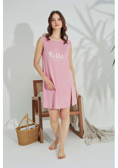 Guava Kadın Bisiklet Yaka Viskon Yırtmaç Detaylı Mini Gecelik Elbise - Homewear Pudra