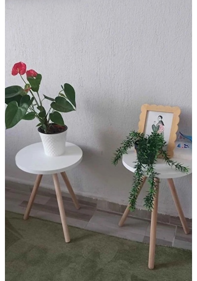 2'li Zigon Sehpa Seti Saksılık Ve Çiçeklik Standı, Dekoratif Yan Sehpa Ahşap Ayaklı 33 Cm Çap - Beyaz Beyaz