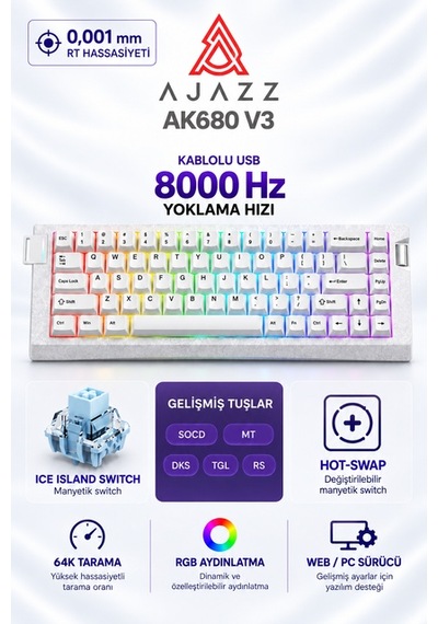 Ajazz Ak680 V3 8000 Hz Manyetik Rgb Oyuncu Klavyesi Beyaz Ice Island