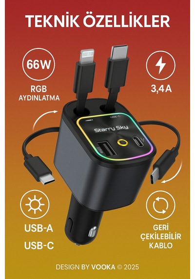66w Araç Şarj Adaptörü Type-c + Lightning Makaralı Kablo, Usb + Type-c Girişli, Hızlı Şarjlı