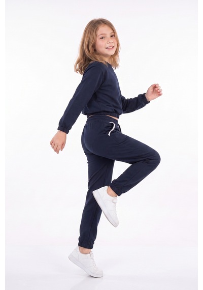 Fyk Kids Kız Çocuk Yuvarlak Yakalı Cep Biye Detaylı Düz Baskısız Paça Lastikli Alt Üst Eşofman Takımı Lacivert
