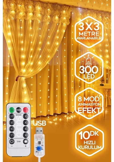 Vtn-67 10 Saçaklı 300 Ledli Sarı Led Kumandalı 8 Modlu Perde Led