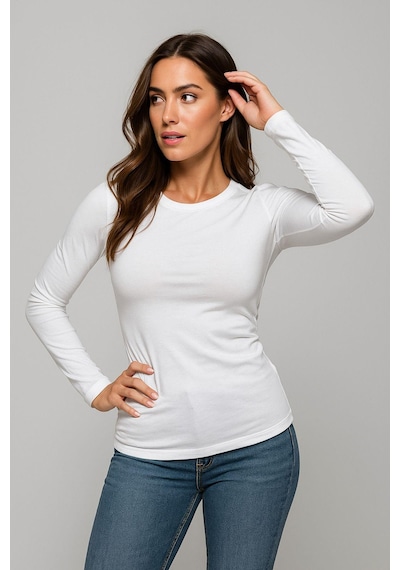 Kadın Beyaz Bisiklet Yaka Slim Fit Basic Tişört - Uzun Kollu Pamuklu T-shirt Bluz Çok Renkli