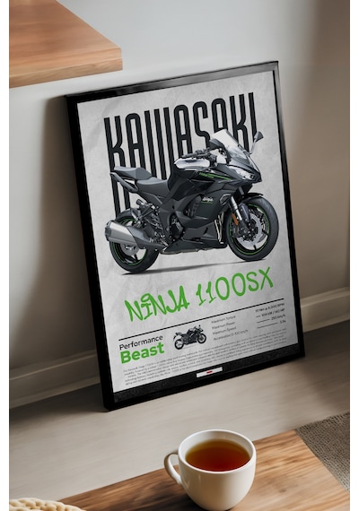 Kawasaki Ninja 1100 Sx Siyah Ahşap Çerçeveli Poster, Dekoratif Motosiklet Duvar Tablosu