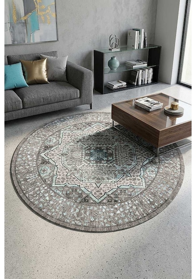 Frenda Home Vintage Desen Pamuk Taban Baskılı Yıkanabilir Yuvarlak Gri Halı
