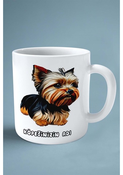 York Shire Terrier Köpek Isimli Kişiye Özel Baskılı Kupa Bardak Siyah Beyaz Model Çok Renkli