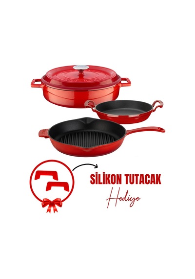 Lava Döküm Çeyiz Seti - Dayanıklı Ve Uzun Ömürlü Mutfak Seti Kırmızı