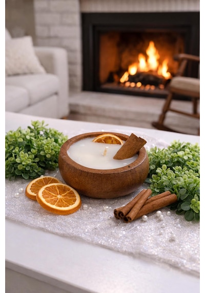 Tarçın Ve Portakal Aromalı Kokulu Otantik Kase Mum Soya Mum Hediyelik Açık Ahşap