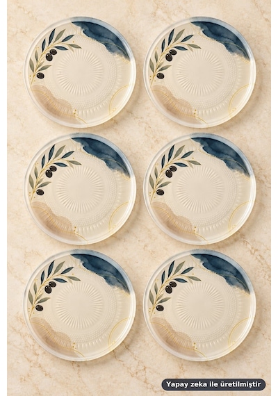 6'lı Cam Tatlı Tabağı - Zeytin Dalı Desenli Mavi Gold 16 Cm - 6 Adet Pasta Tabak