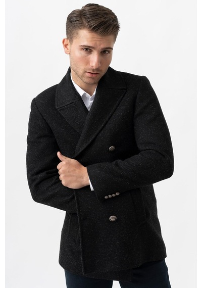 White Stone Trento K290 Kruvaze Yaka Slim Fit Pamuklu Kaban Siyah-Siyah