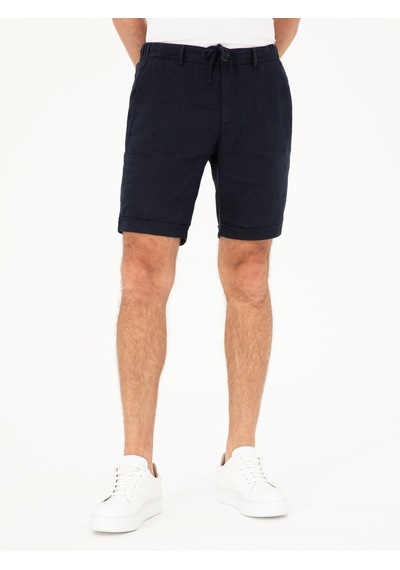 Cacharel Lacivert Regular Fit Beli Lastikli %100 Keten Şort