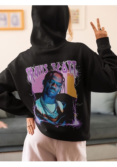 Sevbano Travis Scott Baskılı Unisex Oversize Rapper Şarkıcı Hoodie Siyah