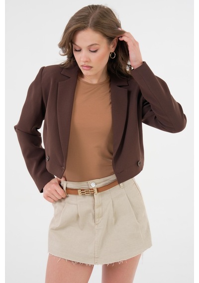 Acı Kahverengi Kruvaze Crop Blazer Ceket Acı Kahverengi