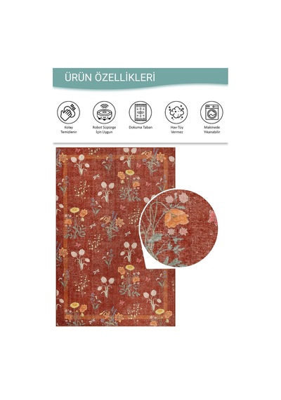 Artloop Florart Kiremit / Turuncu Doğa Temalı Çiçekli Dokuma Tabanlı Modern Şönil Halı Al 492 Gri