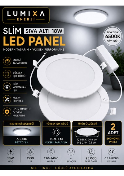 18w Slim Panel Led Spot Beyaz Işık İç Çap 20,5 Cm Dış Çap 22 Cm 1530 Lümen 2 Adet