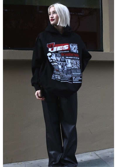 Madmext Siyah Baskılı Oversize Kapüşonlu Kadın Sweatshirt Mg1581
