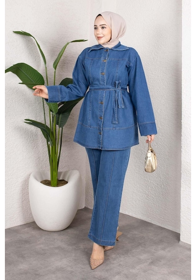 Misskayle Kuşaklı Düğmeli Denim Takım Rahat Kesim İkili Kombin Açık Mavi Açık