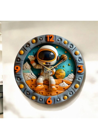 AA Shop Renkli Baskı Astronot Uzayy Çocuk Desenli Sayılı Hediyelik Ahşap Sessiz Duvar Saati 50cm ÇOk Renkli