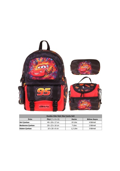 Kaukko Kids Rust Eze Kırmızı - Siyah Renk Erkek Çocuk Üçlü İlkokul Okul Çantası Seti/takımı - Setkk-l5399a