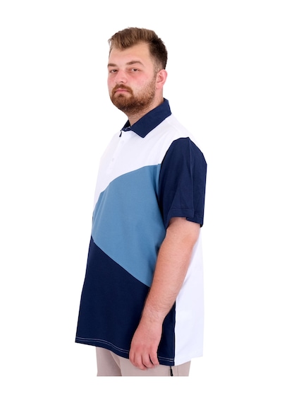Mode Xl Büyük Beden Erkek T-shirt Polo Yaka Parçalı 25313 Beyaz Beyaz