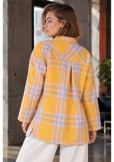 Armonika Kadın Sarı-fuşya Erkek Yaka Yanları Yırtmaçlı Oversize Ceket Arm-26k001009