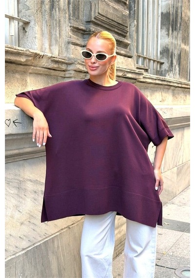Veraura Lifestyle Mürdüm Oversize Triko Bluz