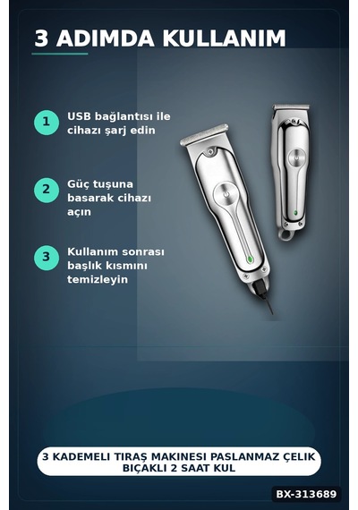3 Kademeli Tıraş Makinesi Paslanmaz Çelik Bıçaklı 2 Saat Kullanım Usb Şarjlı Bx-313689