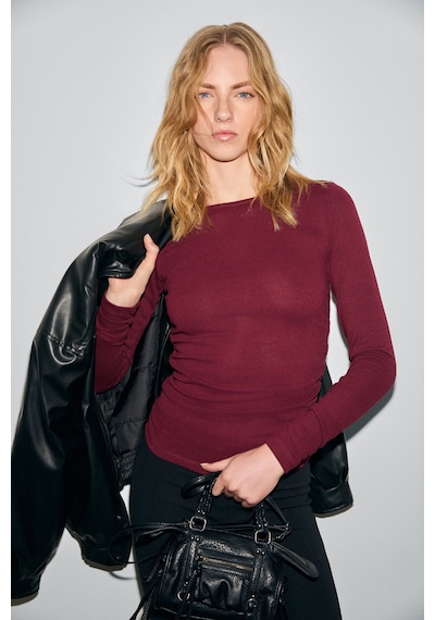 ETHIQUET INSSAZA Kadın Vücuda Oturan Büzgülü Slim Fit Bordo Bluz