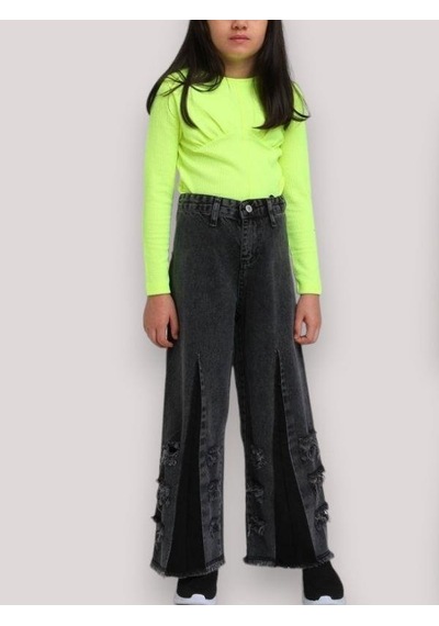 Escabel Kız Çocuk Yüksek Bel Bol Paça Yırtık Detaylı Mom Jean-13660-füme Füme