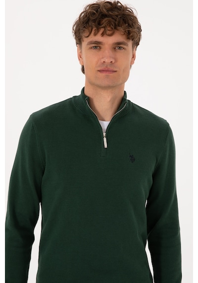U.S. Polo Assn. Erkek Slim Fit Yarım Fermuarlı Koyu Yeşil Basic Kazak 50313695-VR079