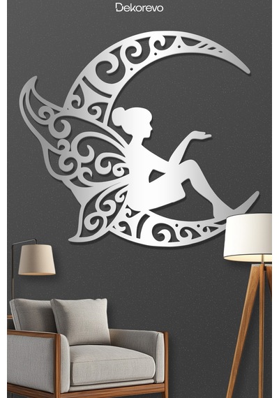 Peri Ve Hilal Ay Metal Duvar Tablosu - Metal Duvar Tablosu - Gümüş - 65 X 75 Cm