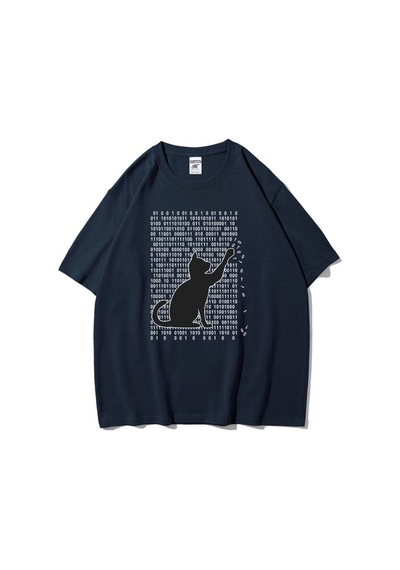 Flood Of Style Unisex Lacivert 01 Kedi Baskılı Oversize Bisiklet Yaka Tshirt