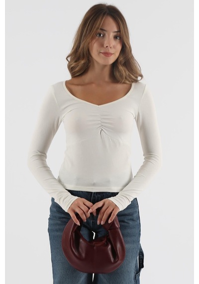 Seeh Beyaz Önü Büzgülü Uzun Kollu Kadın Body Sh200